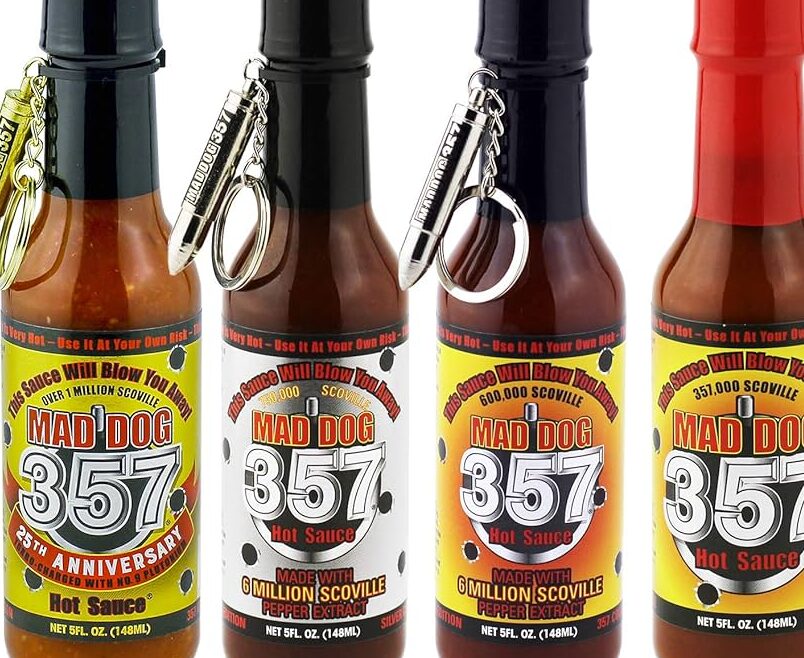 salsa picante mad dog 357 gold 25 anos de fuego en una botella
